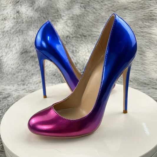Blue Pink Gradient Round Toe Slip On High Heel Shoes for Women