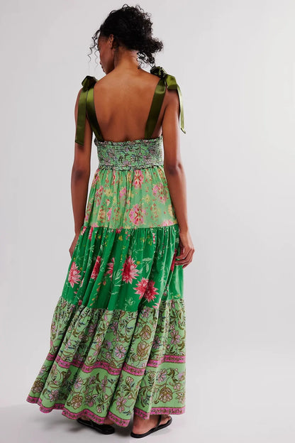 Shirring Chest Strap Floral Sleeveless Boho Dress