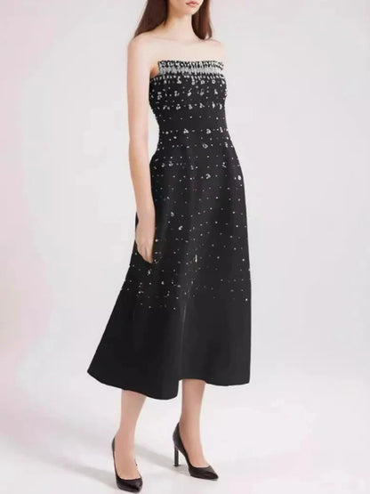 Diamonds Black Crystal Pearl Mini | Midi Dress