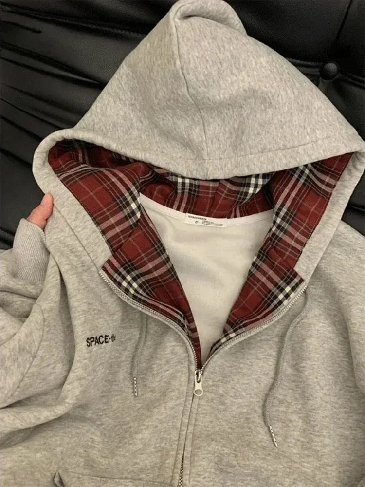 TAVIMART  -  Vintage Plaid Patchwork Hoodies Women Gray 90s Retro Sweatshirt with Zipper Oversized Streetwear Autumn Winter Clothes