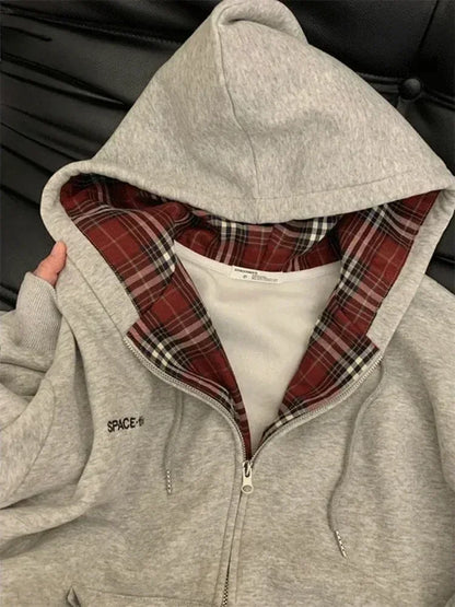 TAVIMART  -  Vintage Plaid Patchwork Hoodies Women Gray 90s Retro Sweatshirt with Zipper Oversized Streetwear Autumn Winter Clothes