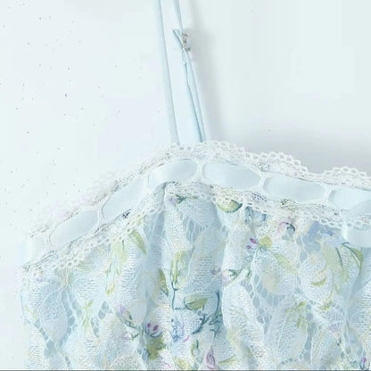 Flower Print Lace Bow Slash Collar Mini Dress