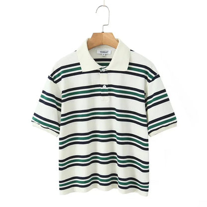 Striped Contrast Short Sleeve T-shirt Women Buttons Turndown Collar Tee Shirt Spring New Streetwear Vintage Chic Top Tees 2025