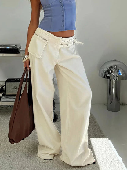 Pocket Adjustable Waist Wide Leg Pant Women Low Rise Waist Baggy Denim Trouser Streetwear Fashion Vintage Jeans Femme Summer New