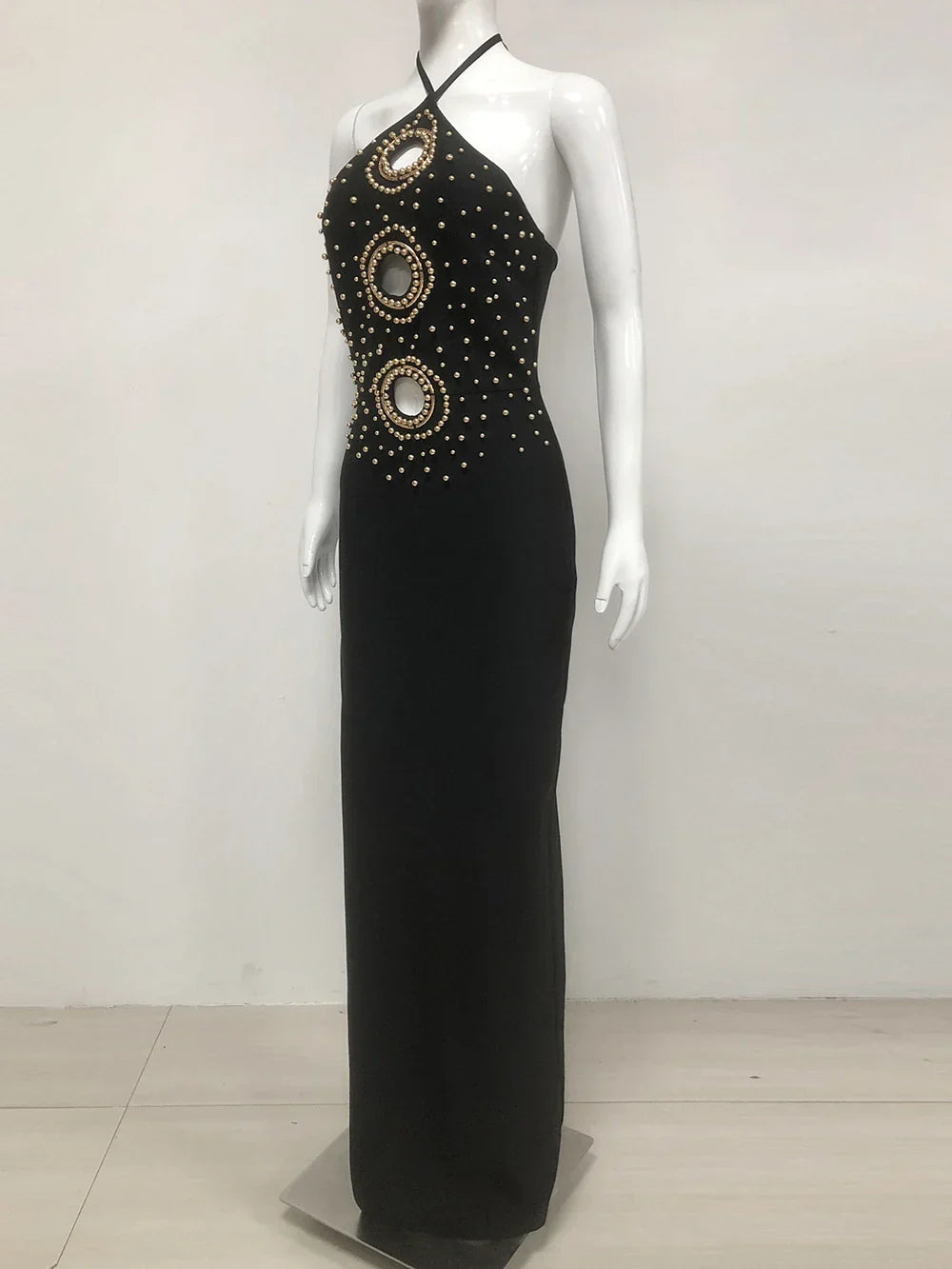 Halter Bead Hollow Design Backless Long Dress