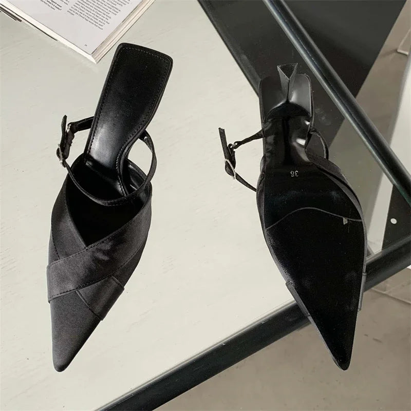 Shallow Pointed Toe Women Pumps with Buckle Strap and Thin Heels