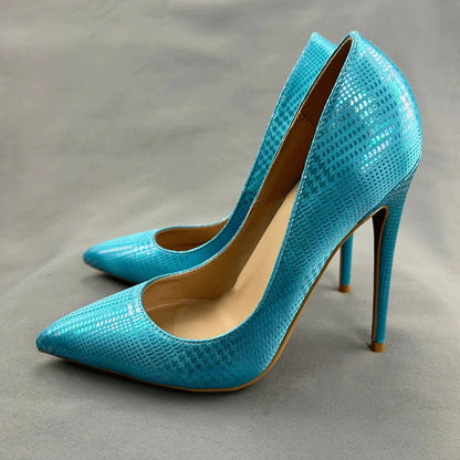 Green Blue Snakeskin Slip On High Heel Shoes for Women