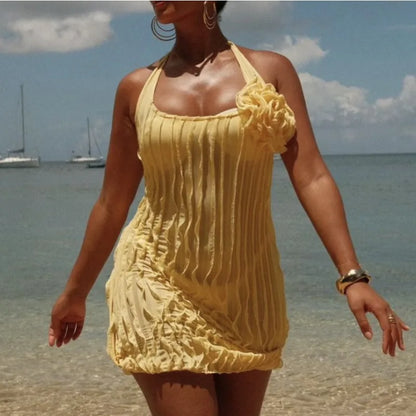 Pleated Floral Halter Beach Mini Dress
