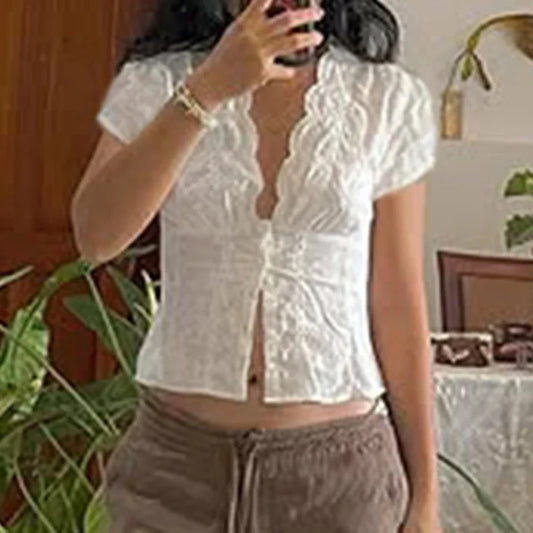 Y2K Bow Puff Sleeve Cardigan Blouse