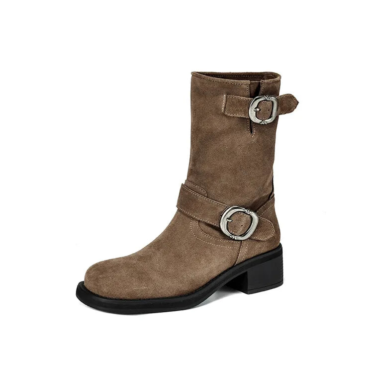 | Suede Buckle Boots in Black