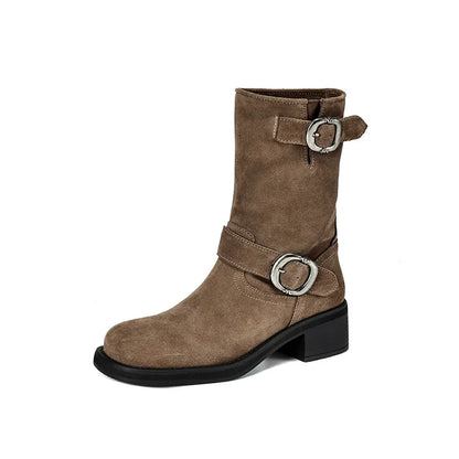 | Suede Buckle Boots in Black