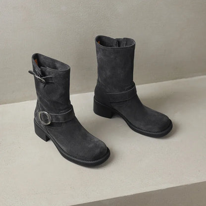 | Suede Buckle Boots in Black