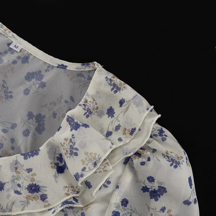 Floral Print Ruffle Collar Button Front Ruched Waist Mini Dress