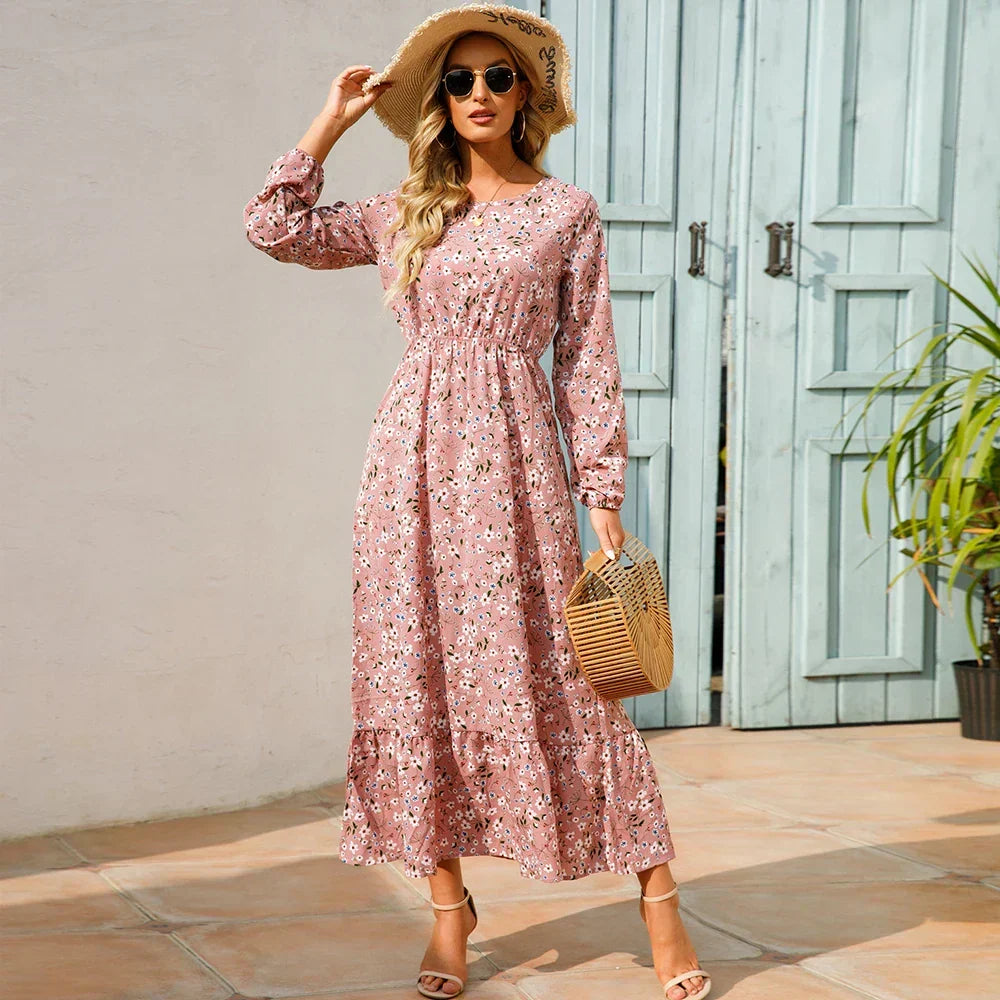 Ditsy Floral Crew Neck Lantern Sleeve Smocked Waist Ruffle Hem Maxi Dress