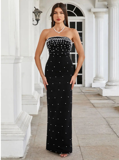 Pearl Design Bandage Strapless Long Dress