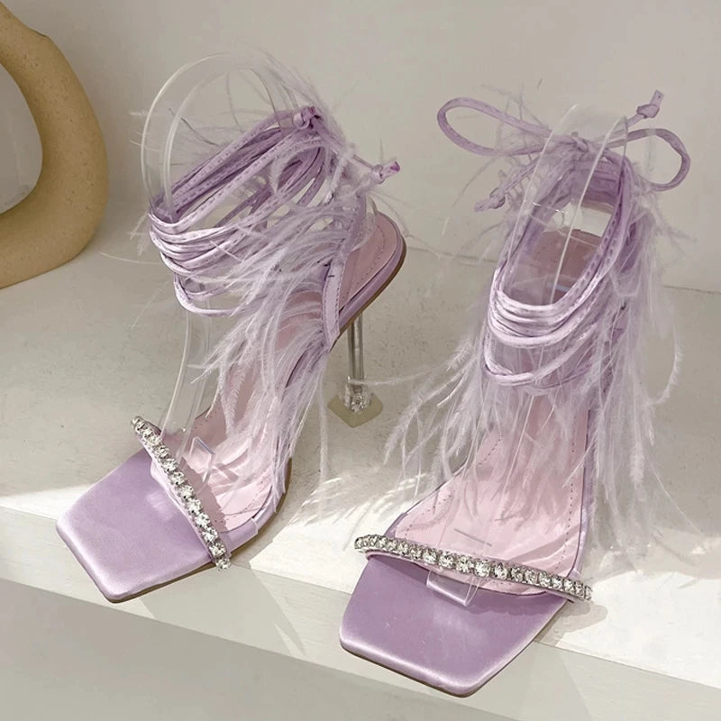Crystal Womens Sandals with Fuzzy Feather Detail and Transparent High Heels