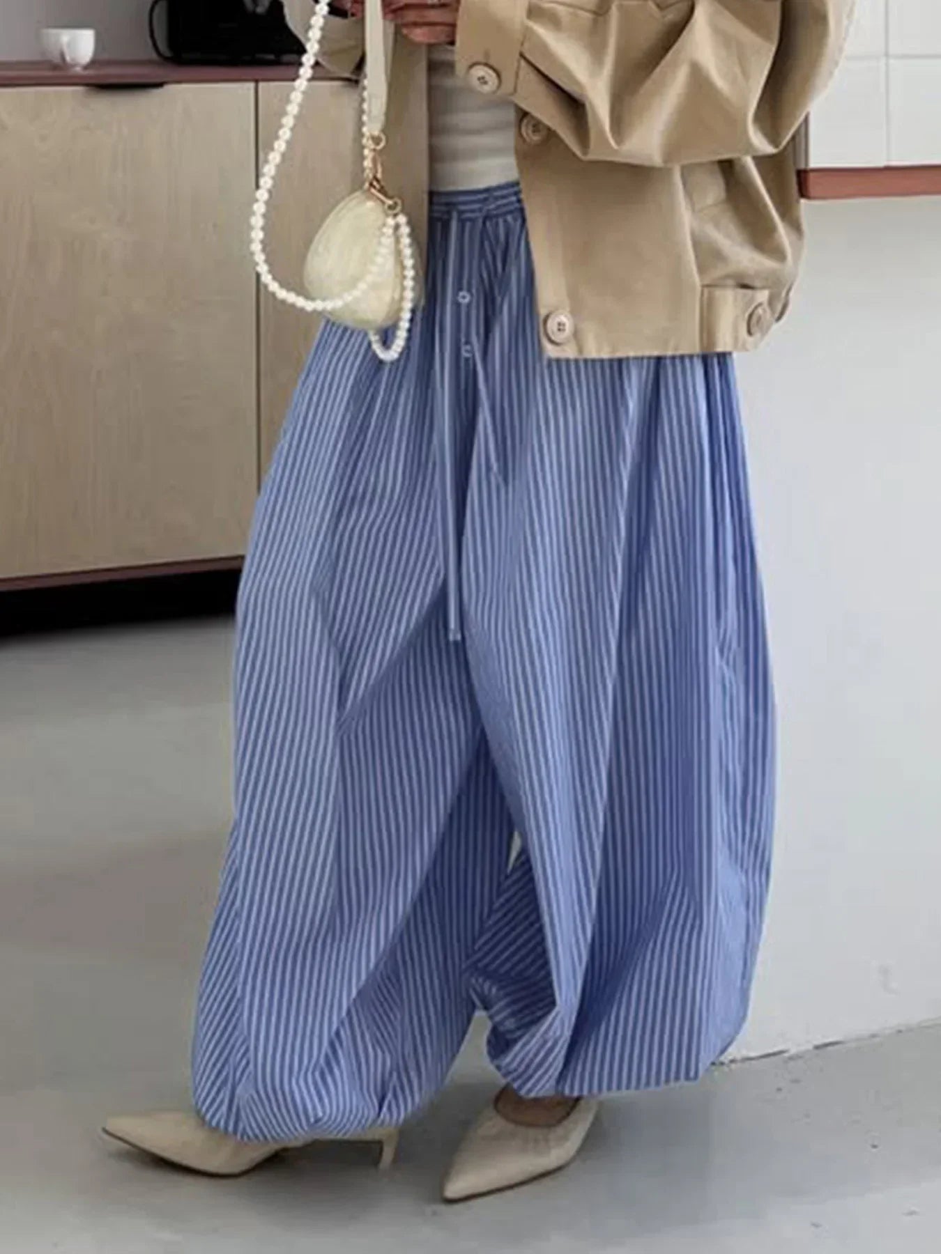Streetwear Blue Striped Print Casual Pants Elastic Low Rise Loose Trousers y2k Aesthetic Korean Style Hippie Trousers