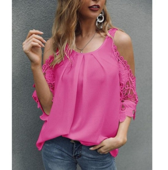 DressBetty - Off Shoulder Lace Blouse Women Summer Tops White Black Blouses O-Neck Solid Loose 5XL Clothes