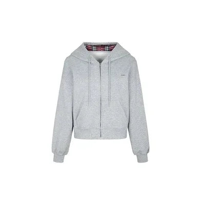 TAVIMART  -  Vintage Plaid Patchwork Hoodies Women Gray 90s Retro Sweatshirt with Zipper Oversized Streetwear Autumn Winter Clothes