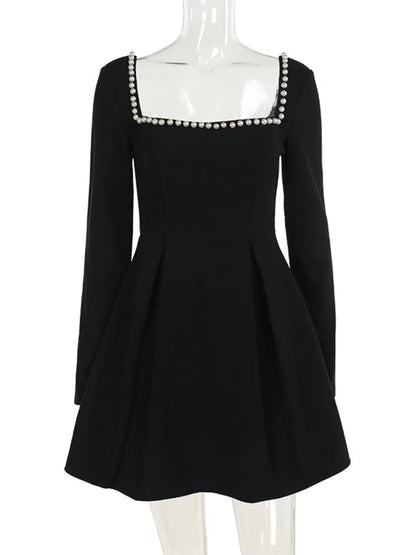 Pearl Square Neck Long Sleeve Mini Dress