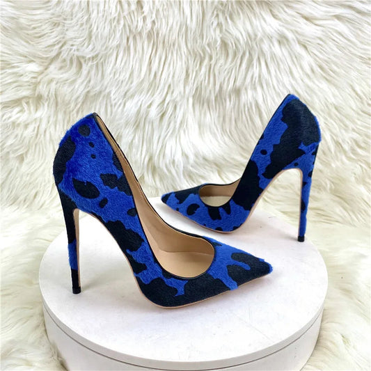 Blue Cow Women Hairy Flock Pointy Toe High Heel Shoes   Cow Women High Heel Shoes