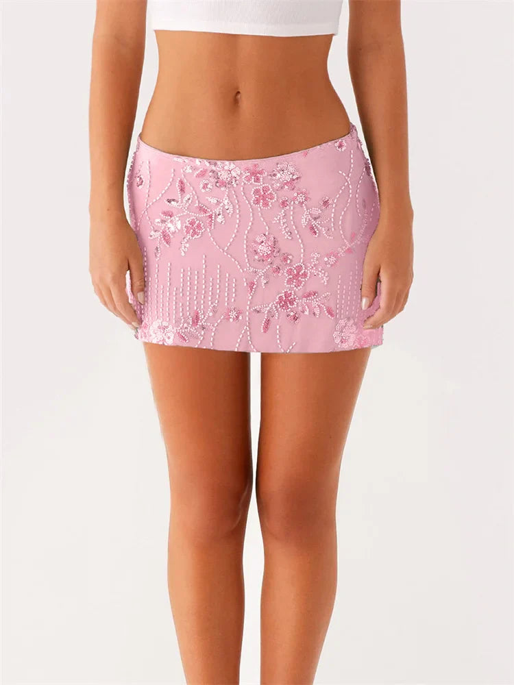 Sequined Floral Low Waist Mini Skirt