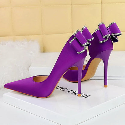 Rhinestone Back Bowknot High Heels Women Pumps in Silks and Satins