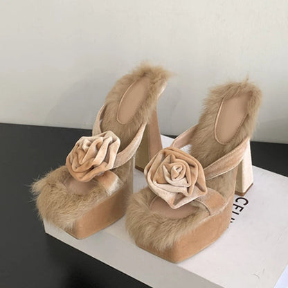Chunky Platform Slippers For Women Fashion Corduroy Flowers Open Toe High Heels Sandals