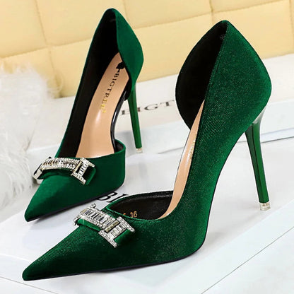 Suede Rhinestone Women Heels Spring Pumps Pointed High Heels