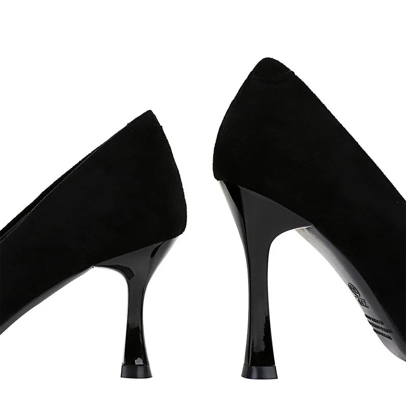 Black Suede Women Pumps with Pointed Toe and High Heels, Wine Glasses Design