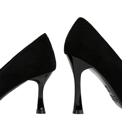 Black Suede Women Pumps with Pointed Toe and High Heels, Wine Glasses Design