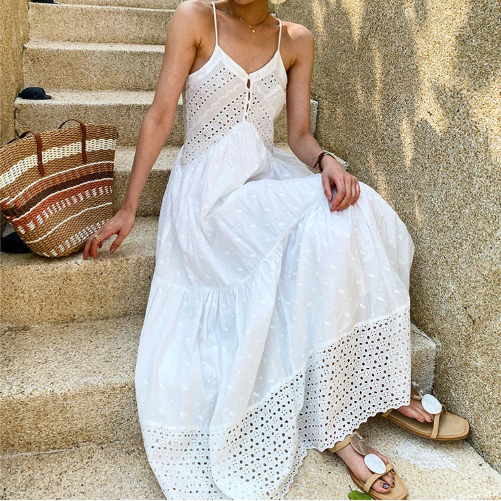 Sleeveless Backless White Cotton Boho Dress