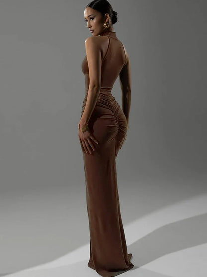 Pleated Halter Slit Slim Party Dress