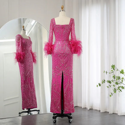 Fuchsia Feather Modest Long Sleeves Evening Gown