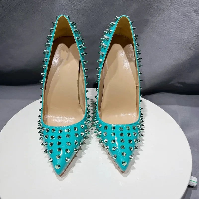 Mint Green Pointy Toe High Heel Shoes with Silver Spikes