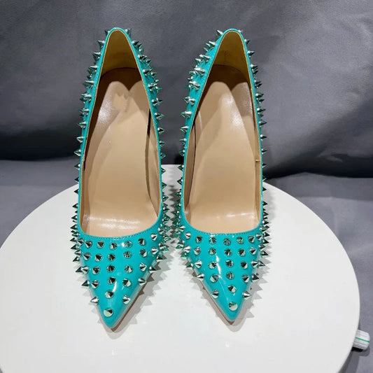 Mint Green Pointy Toe High Heel Shoes with Silver Spikes