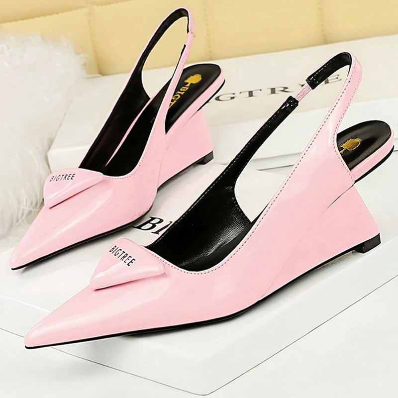 Patent Leather Hollow Back Strap Wedges Heels Women Pumps