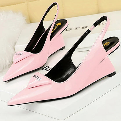 Patent Leather Hollow Back Strap Wedges Heels Women Pumps