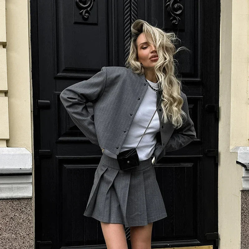 Women Striped Skirt Set Stand Collar Single Breasted Top High Waist Pleated Skirts 2024 Summer Fall New Fashion Lady Office Suit