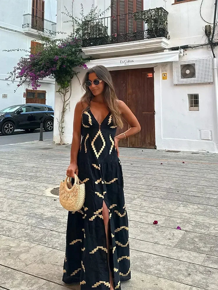 Geometric Zigzag Print Backless Spaghetti Strap Tiered Maxi Dress