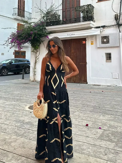 Geometric Zigzag Print Backless Spaghetti Strap Tiered Maxi Dress