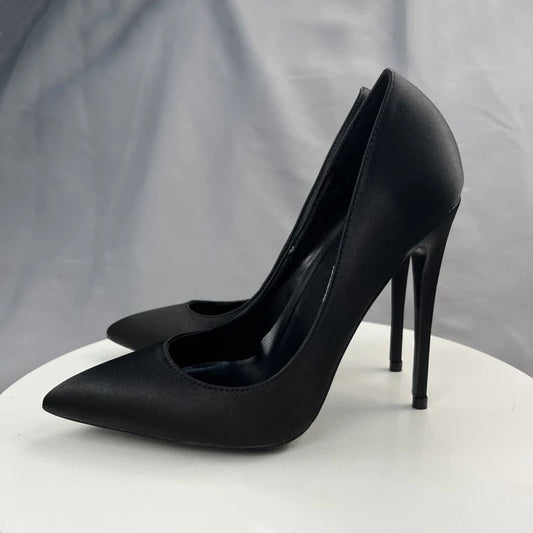 Black Satin Sexy Pointe Toe High Heel Dress Shoes for Women