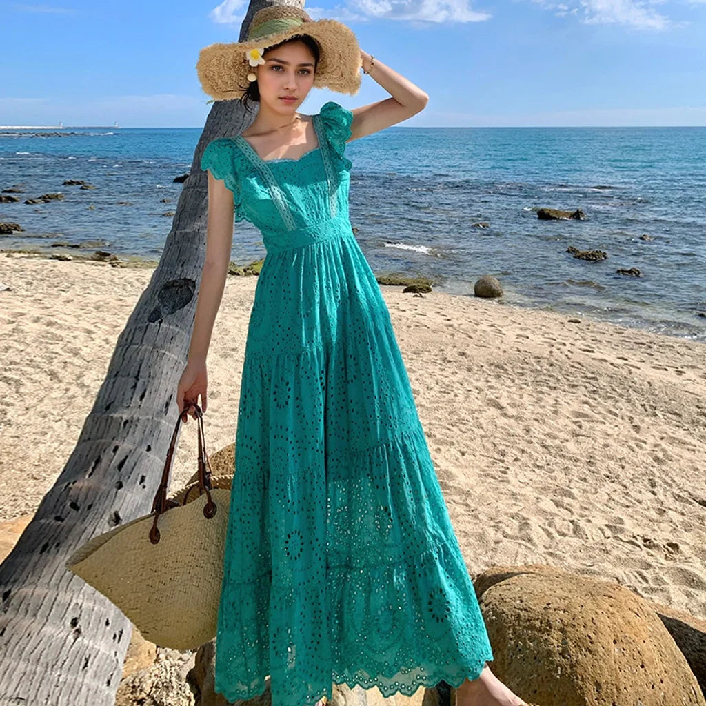 Floral Embroidery Lace Butterfly Sleeve Boho Dress