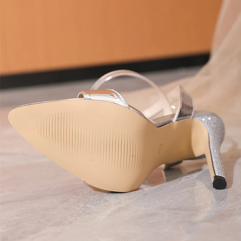 Elegant Silver Crystal Pointed Toe Rhinestone High Heels with Ankle Strap for Women