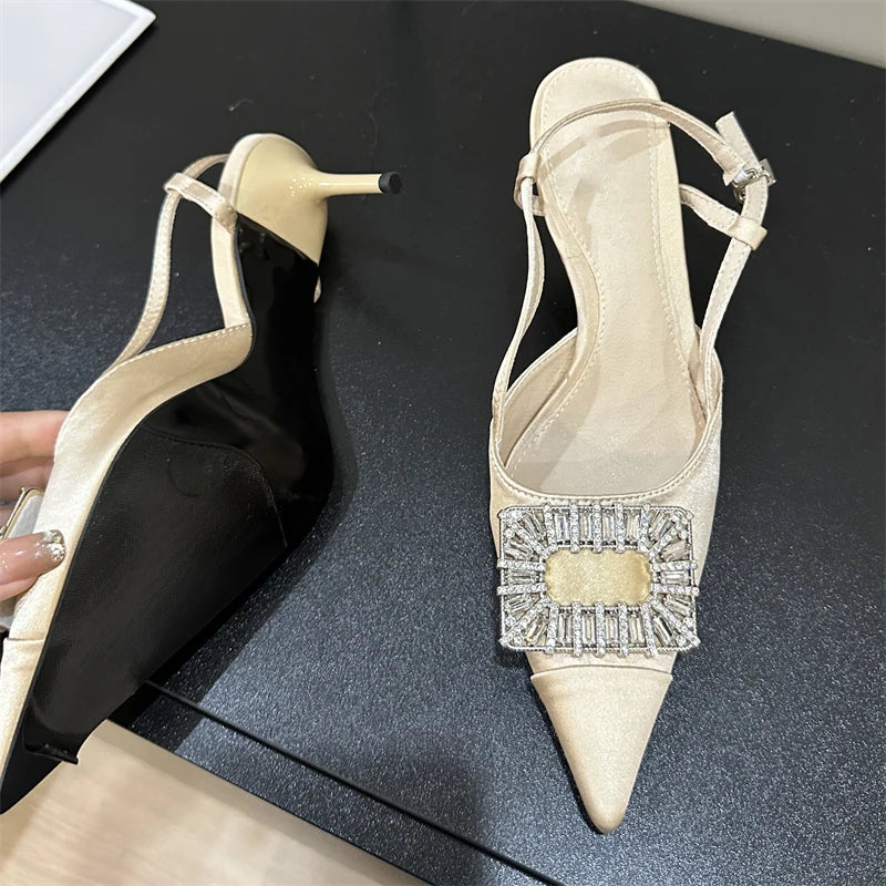 Thin High Heels Buckle Strap Women Pumps with Square Button Pointed Toe Mules