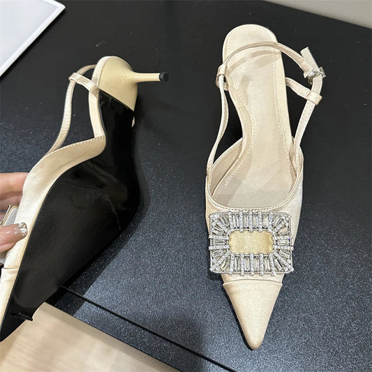 Thin High Heels Buckle Strap Women Pumps with Square Button Pointed Toe Mules