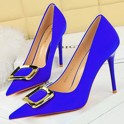 Metal Buckle High Heels Women Shoes Silks Satins Pointed Toe