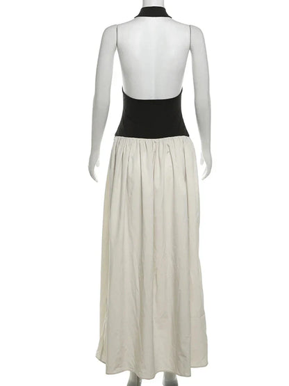 Contrast Patchwork Halter Backless Long Bodycon Dress