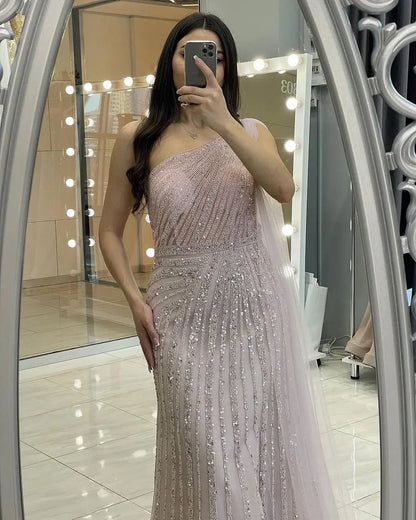 One-Shoulder Cape Sleeve Beaded Evening Dresses