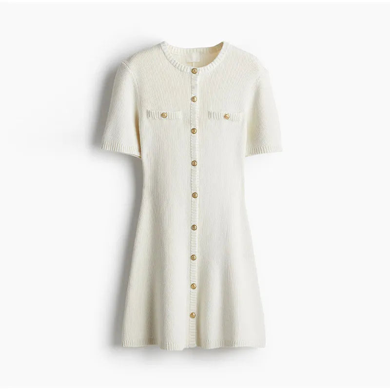 Knit Button Front Patch Pocket Short Sleeve A-Line Mini Dress